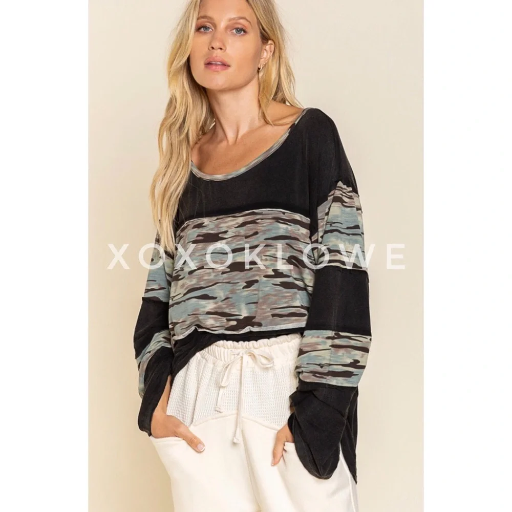 POL Long Sleeve Premium Tee Camo Print Color Block Relaxed Fit Layering - Picture 1 of 8
